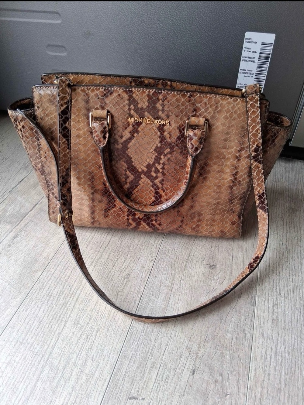 Michael Kors Brown Snake-Print Satchel with Gold Hardware